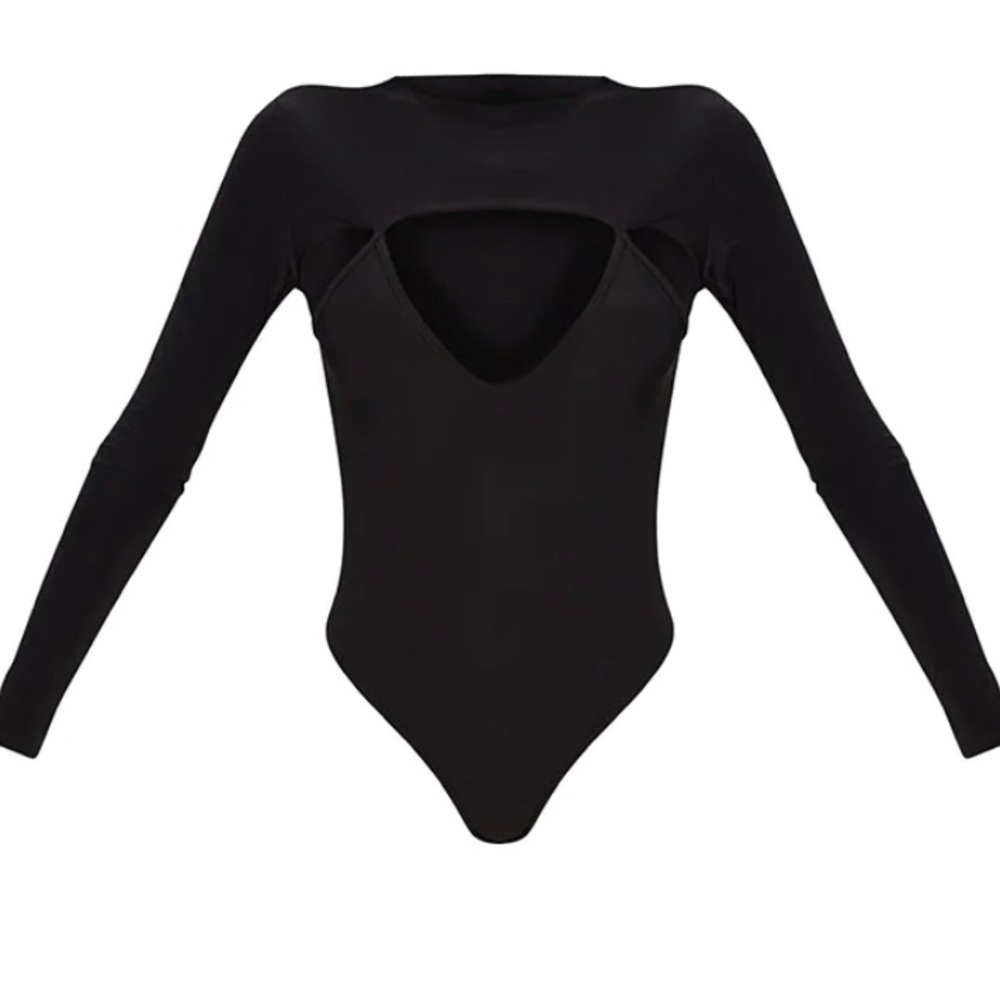 Black Slinky Cut Out Long Sleeve Thong Bodysuit